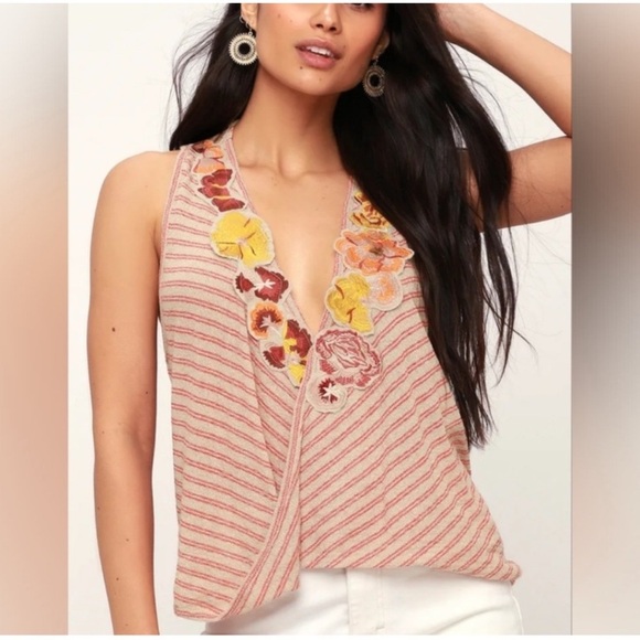 Free People Striped Frida Tank Top Floral Embroidered XS - Picture 1 of 10